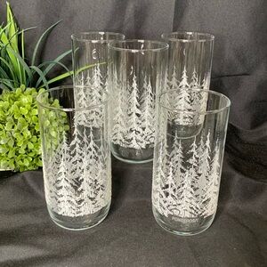 Set of 5 VTG Ponderosa Steak House embossed “Frosted” Pines Glasses / tumblers
